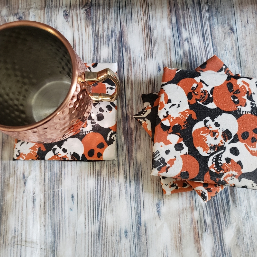 Handmade orange and black skull coasters Halloween decorations